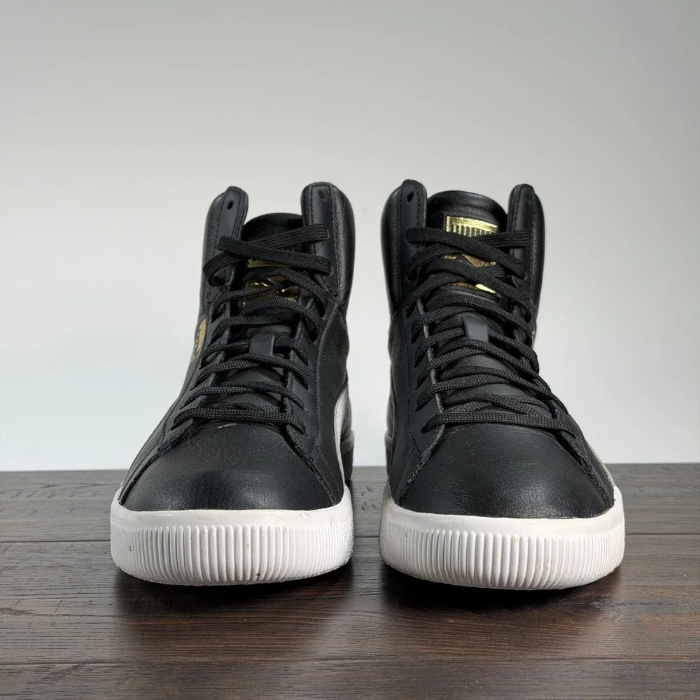 PUMA Clyde Hi-Top Sneakers‎ Mens 9.5 Black/White Retro Leather Classic Trainers